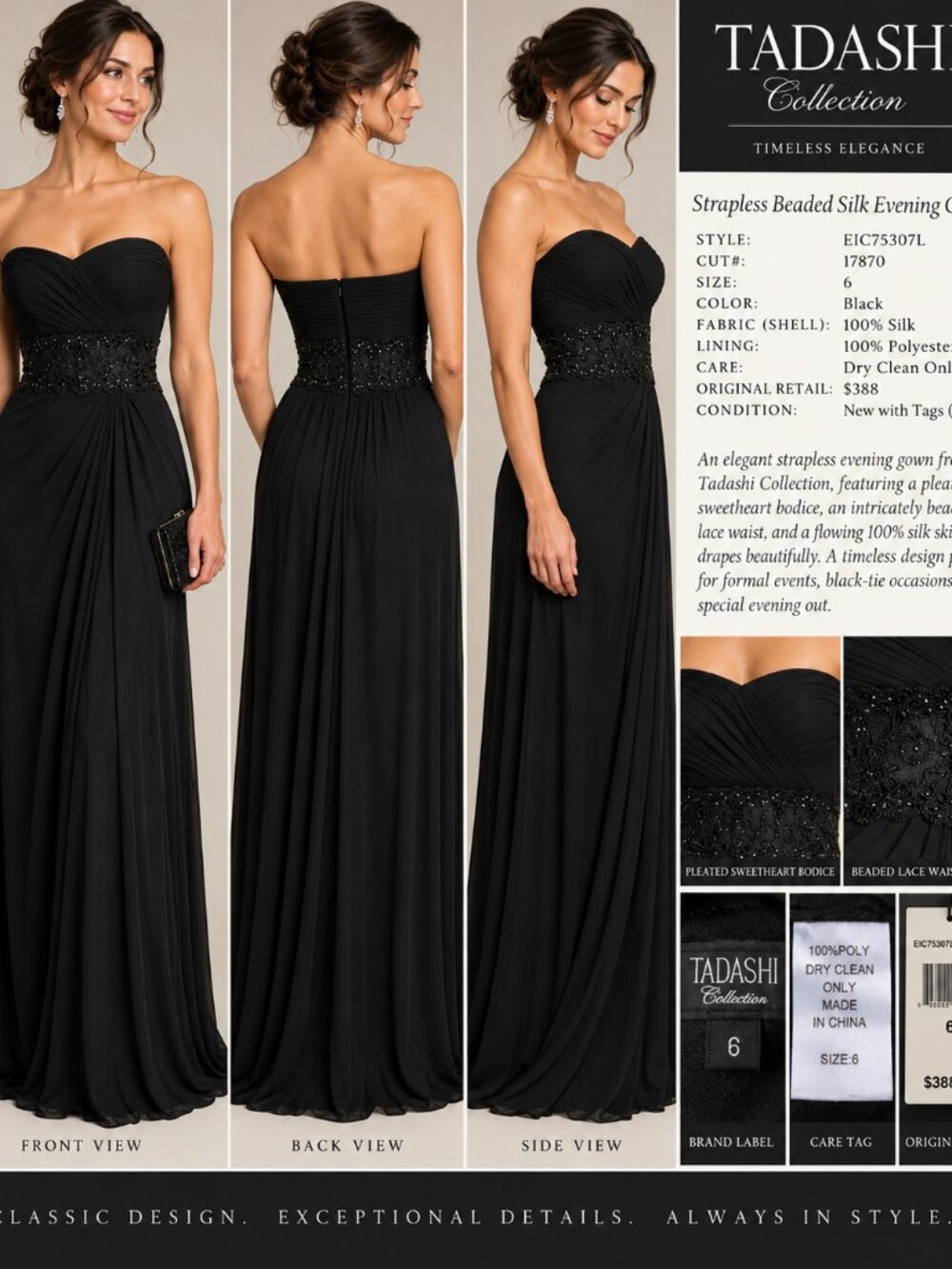 Tadashi Collection Black Silk Beaded Strapless Evening Gown – Size 6 – NWT